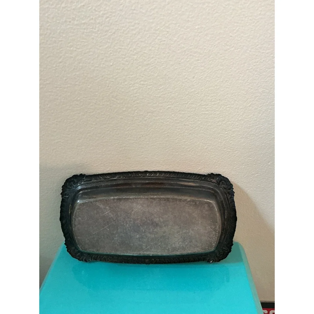 Vintage Silver Plated Butter‎ Ornate Rectangular Serving Tray Scrolled Rim 8.75